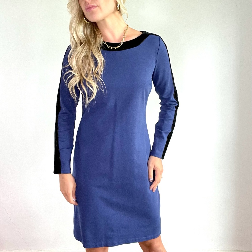 Boden Blue Long Sleeve Black Velvet Stripe Dress